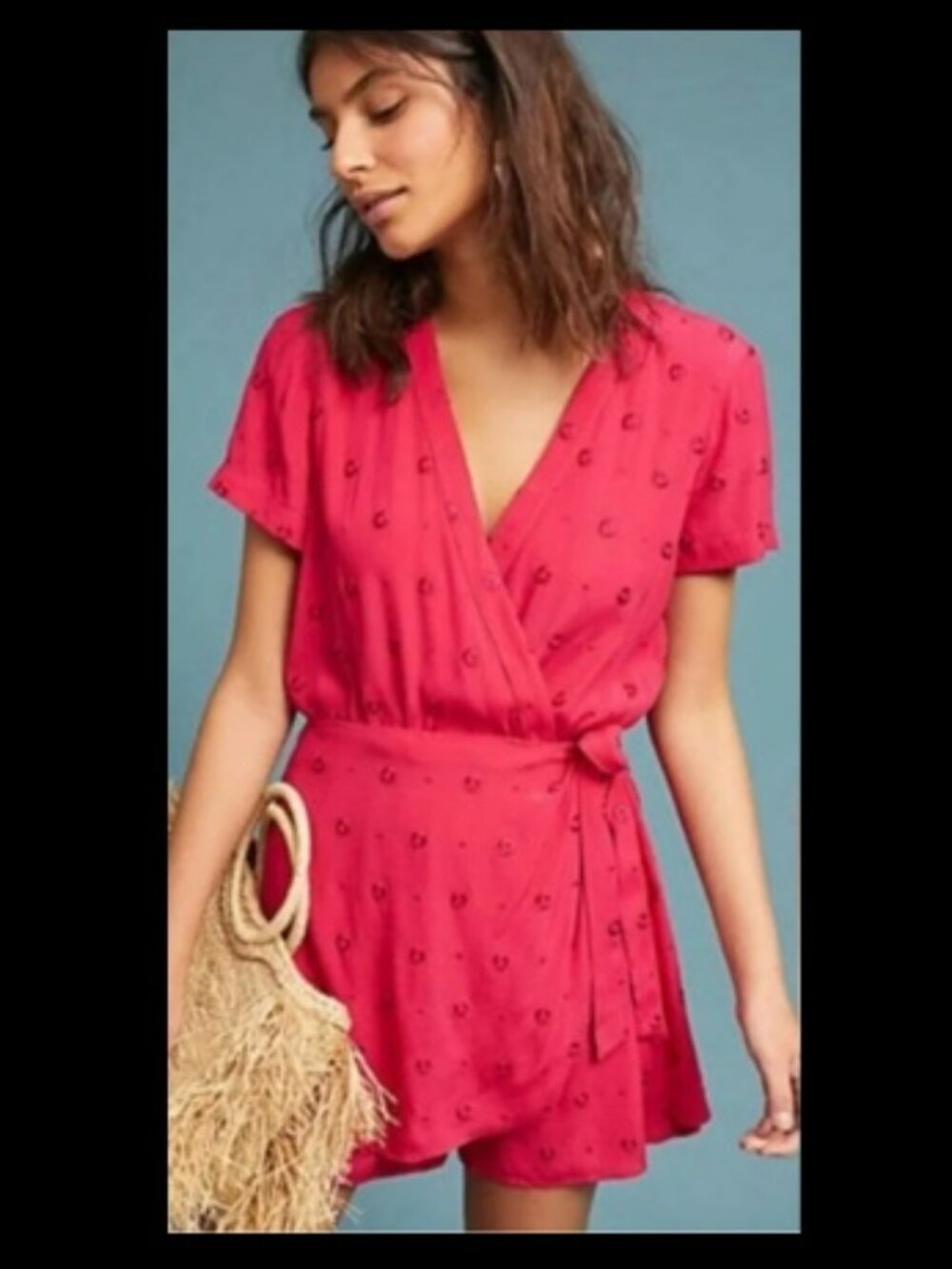 Anthropologie Magenta Pink Ett:Twa Greenbier Embroidered Wrap Romper Sz S